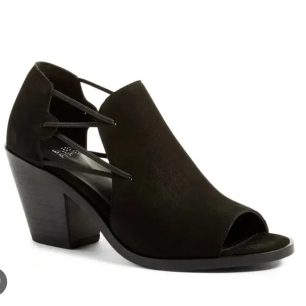Eileen‎ Fisher Black Suede Peep Toe Lace Up Block Heel Ankle Bootie Shoes 7.5